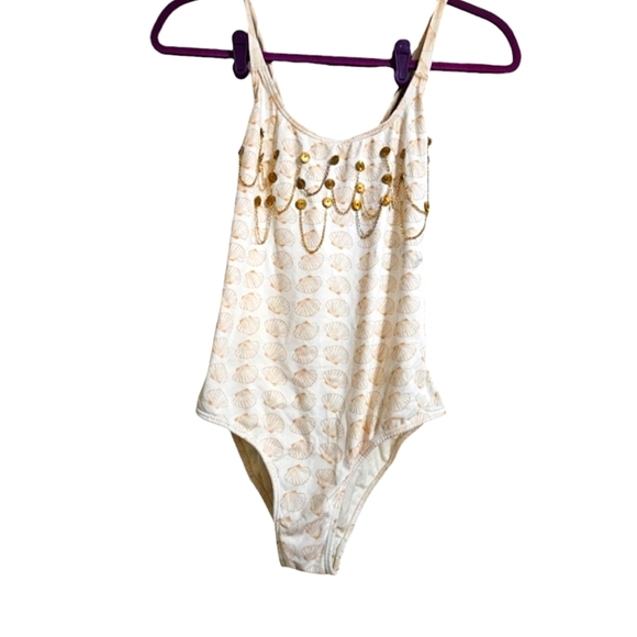 ONDADEMAR One-piece swimsuit. Gold and white seashell print. Size medium - Picture 1 of 7